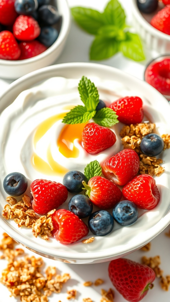 A bowl of yogurt topped with berries and granola, drizzled with honey and garnished with mint.